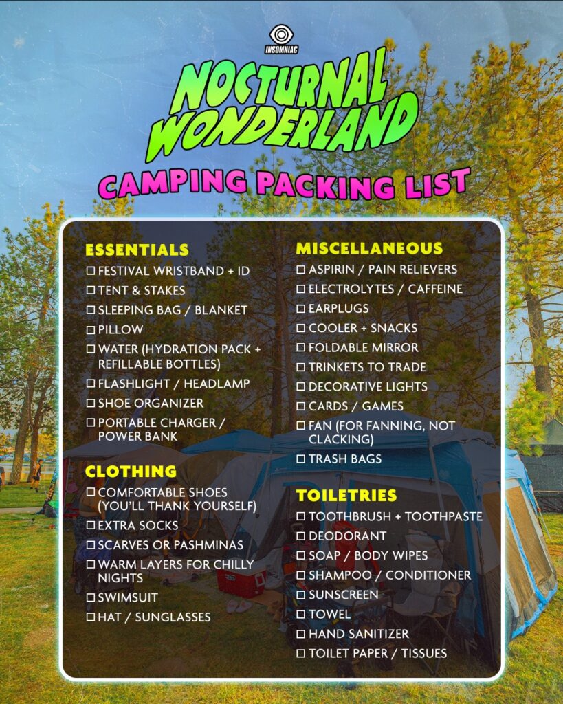 Nocturnal Wonderland 2025 Camping Packing List