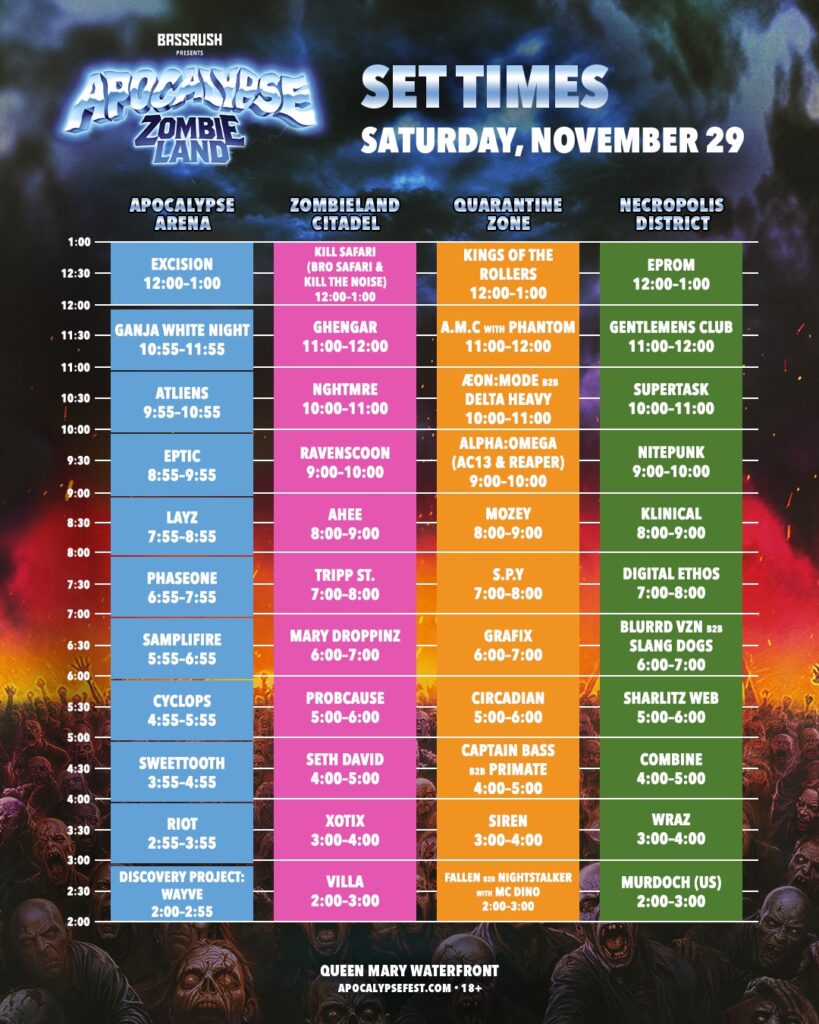 Apocalypse Zombieland 2025 Saturday set times