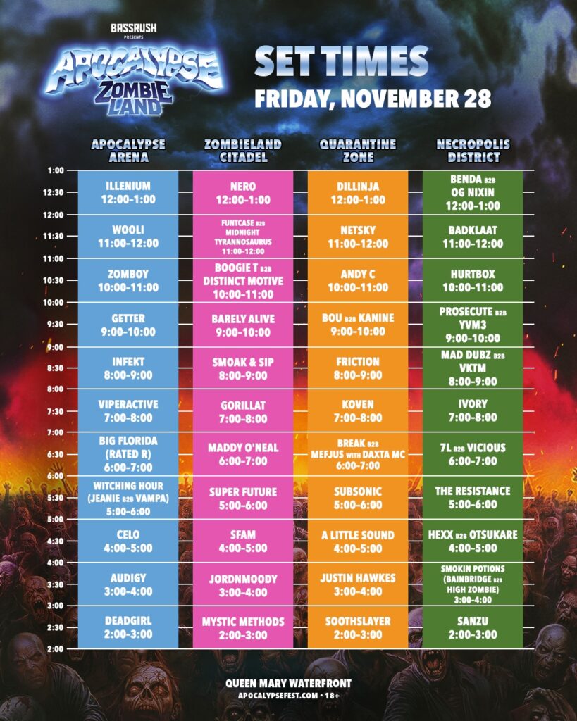 Apocalypse Zombieland 2025 Friday set times