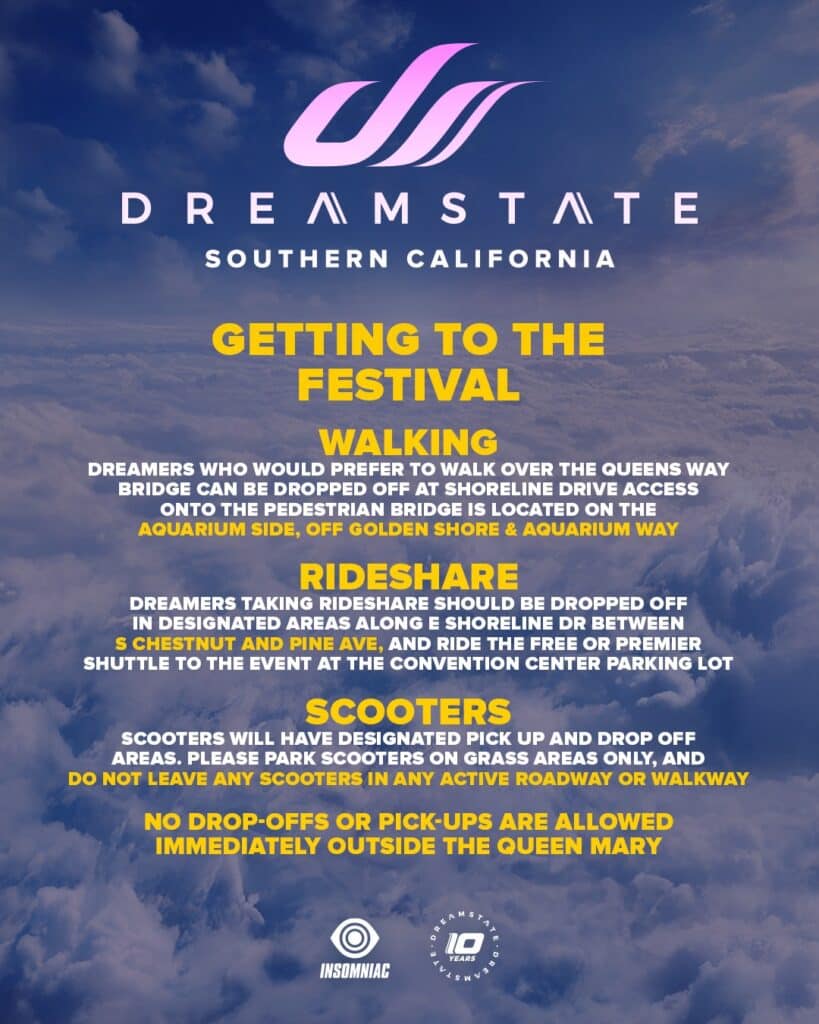 Dreamstate SoCal 2025 parking rideshare and shuttles