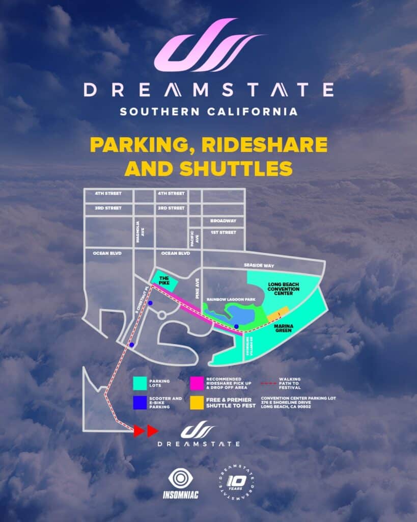 Dreamstate SoCal 2025 parking rideshare and shuttles