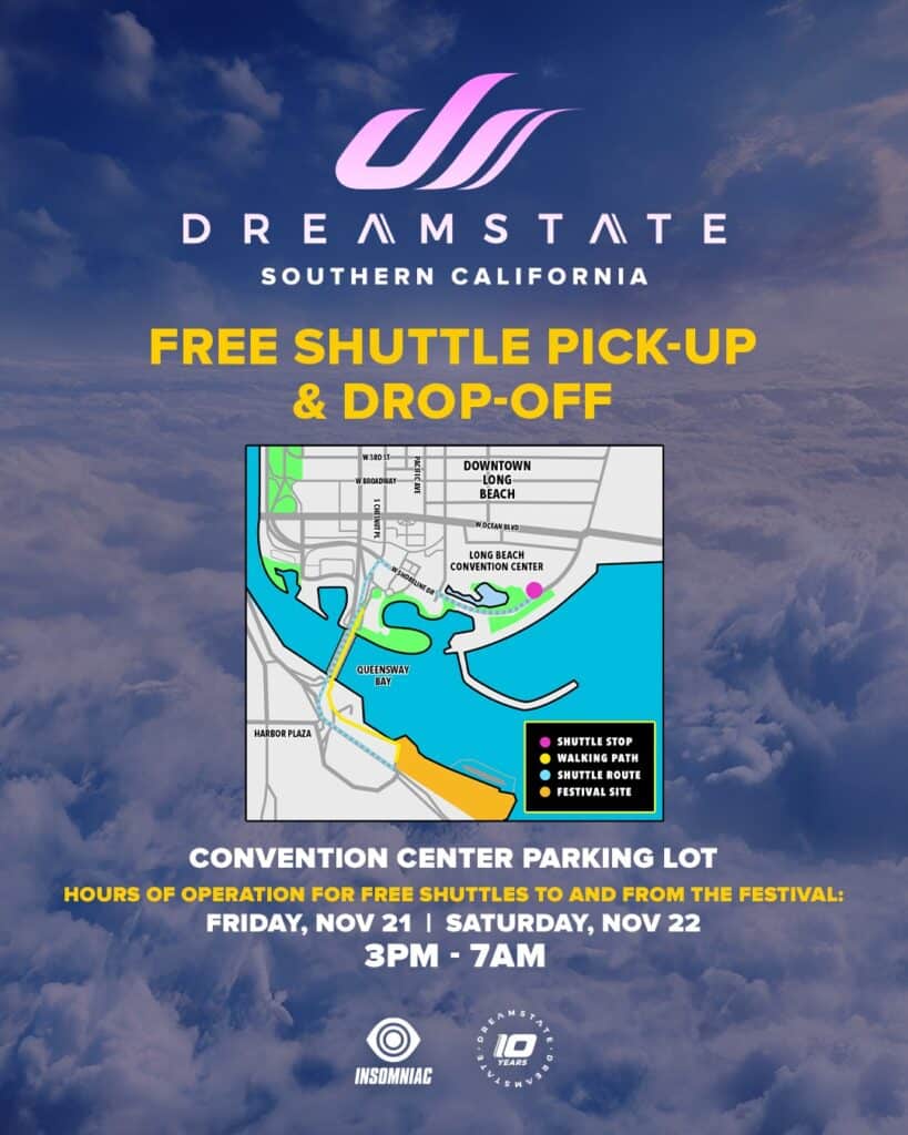 Dreamstate SoCal 2025 parking rideshare and shuttles
