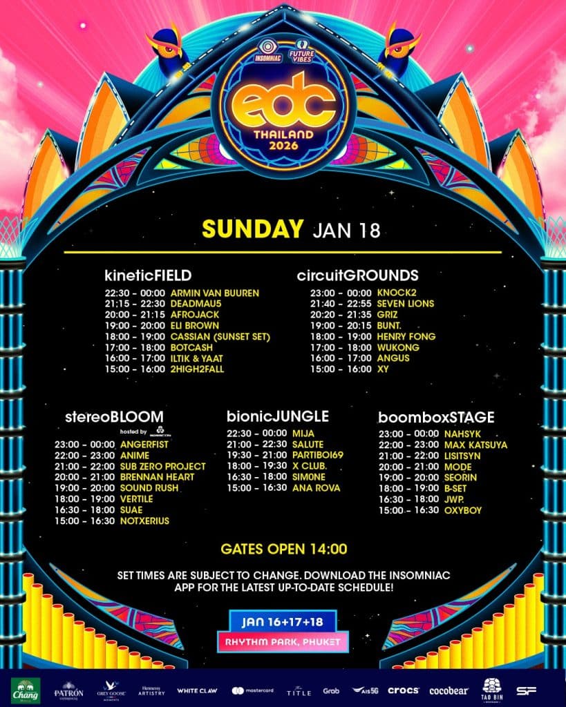 EDC Thailand 2026 - Set Times Sunday