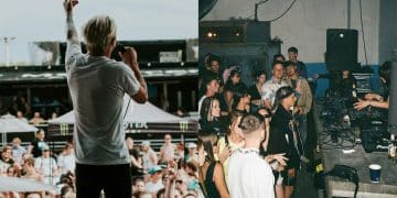 left photo: The Word Alive at Vans Warped Tour in 2018 right photo: rave in Kyiv in 2021