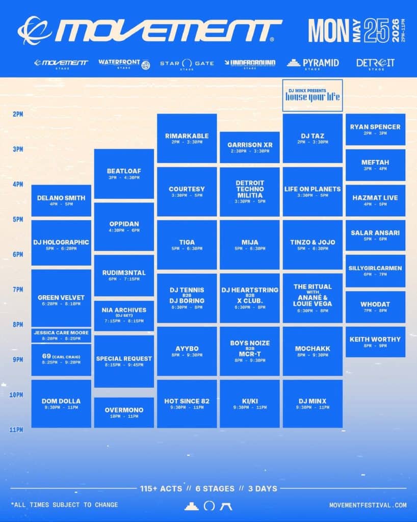 Movement Detroit 2026 Set Times - Monday