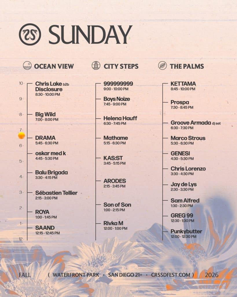 CRSSD Festival Fall 2026 - Set Times Sunday